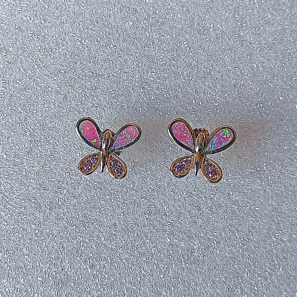 New - Butterfly With Pink Fire Opal and Amethyst Silver Stud Earrings - Picture 2 of 7